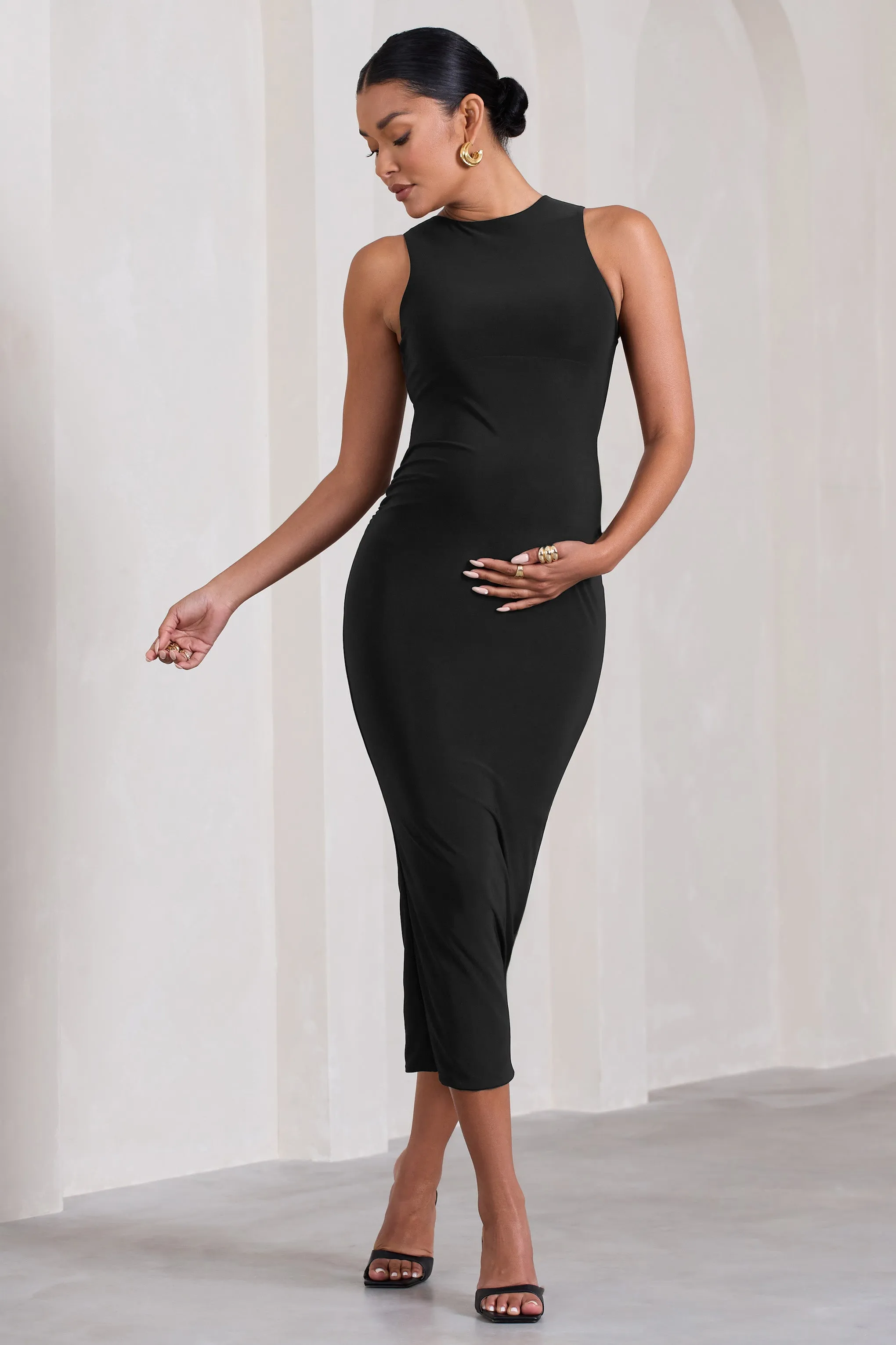 Paige | Black Sleeveless Split Maternity Midi Dress sold by Club L London product image thumbnail 3