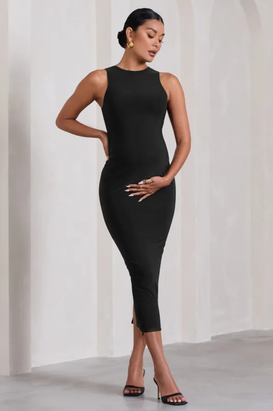 Paige | Black Sleeveless Split Maternity Midi Dress sold by Club L London