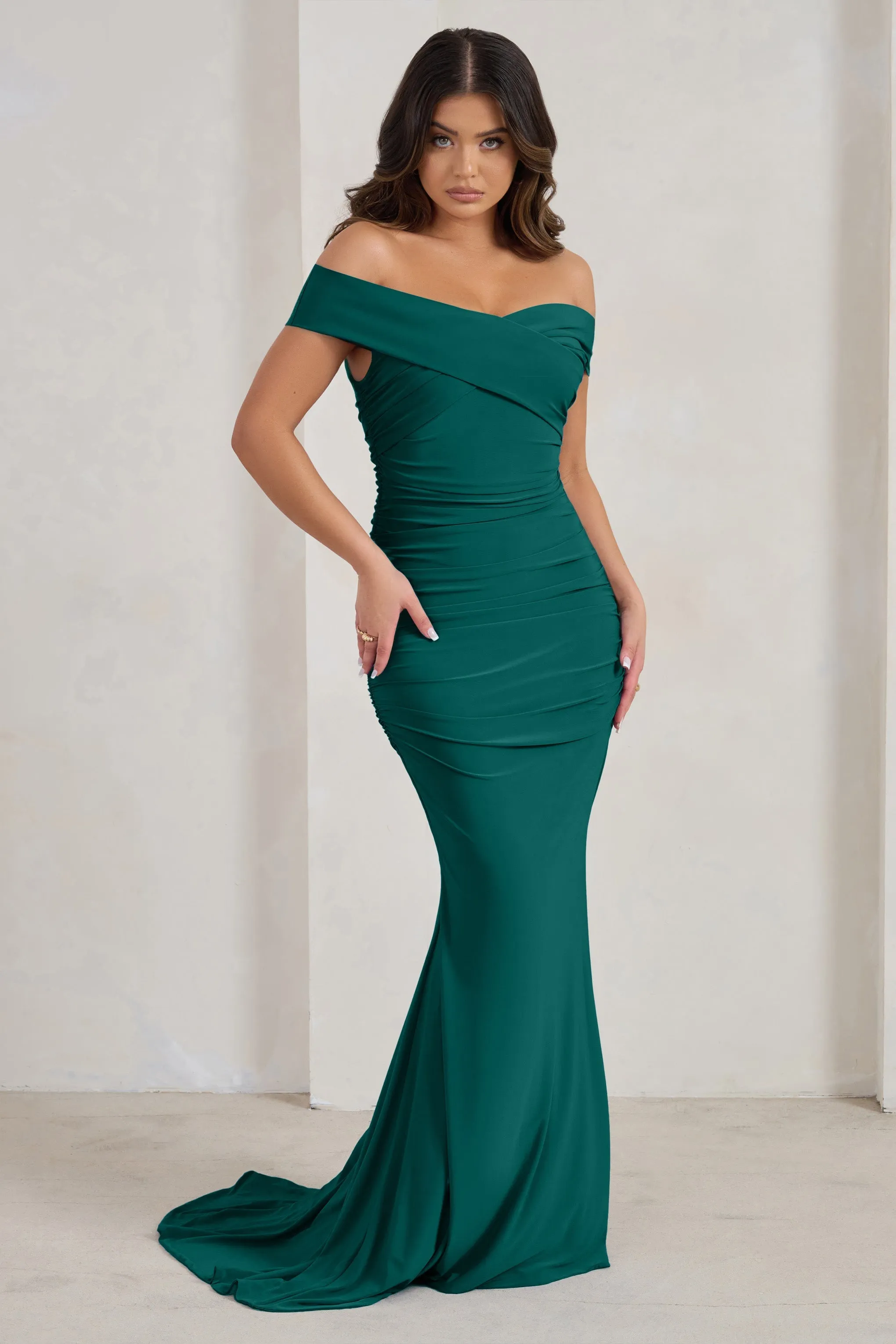 Apolline | Bottle Green Off The Shoulder Ruched Fishtail Maxi Dress sold by Club L London product image thumbnail 3