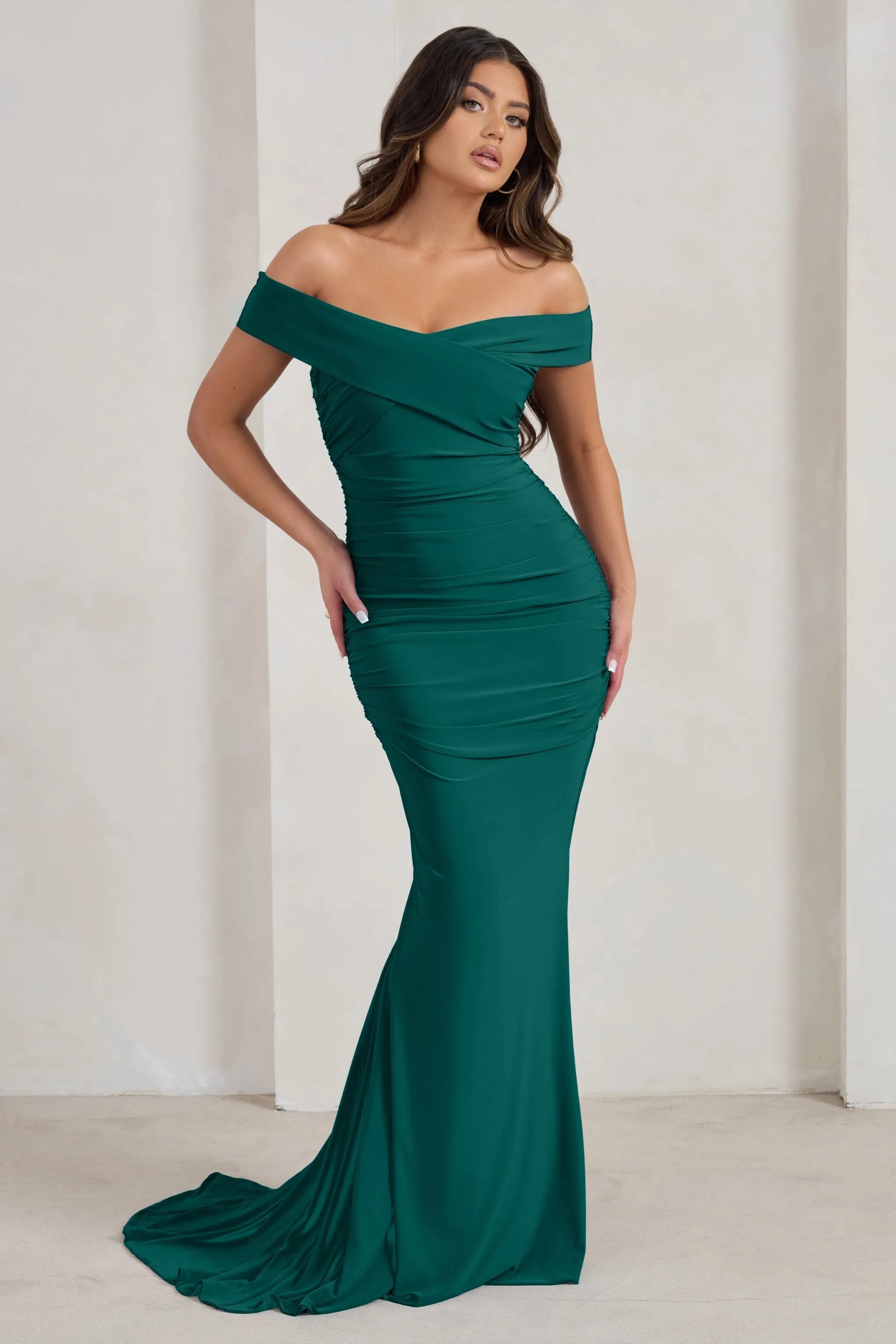 Apolline | Bottle Green Off The Shoulder Ruched Fishtail Maxi Dress sold by Club L London