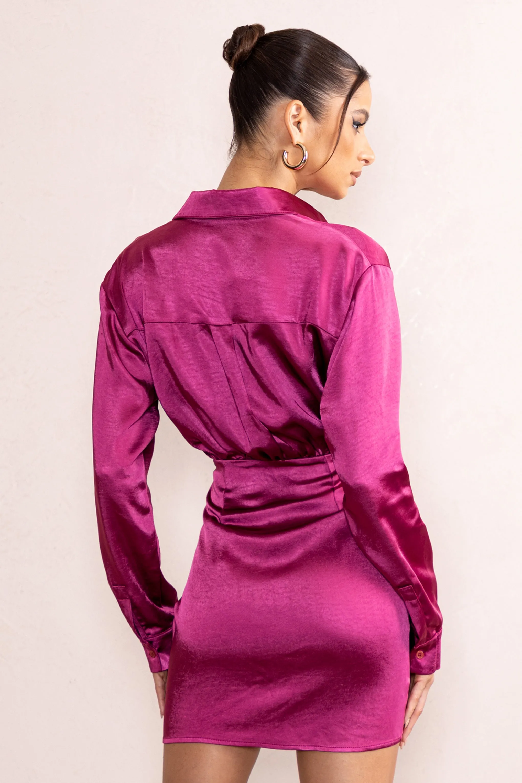 Francine | Orchid Satin Ruched Long Sleeve Shirt Mini Dress sold by Club L London product image thumbnail 2