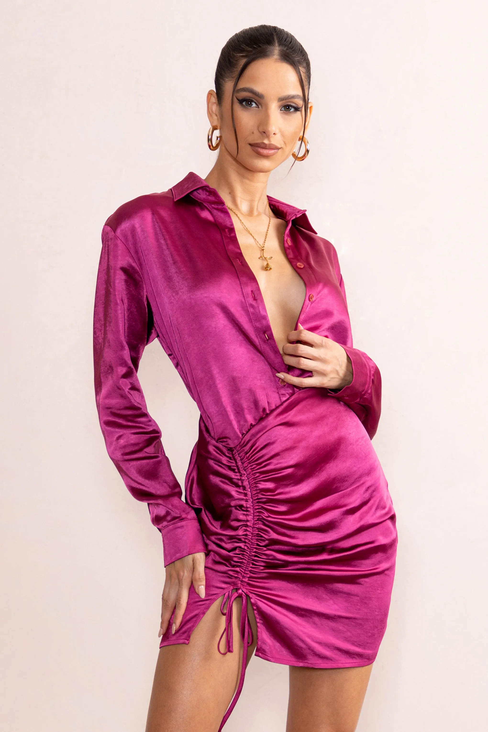 Francine | Orchid Satin Ruched Long Sleeve Shirt Mini Dress sold by Club L London product image thumbnail 5