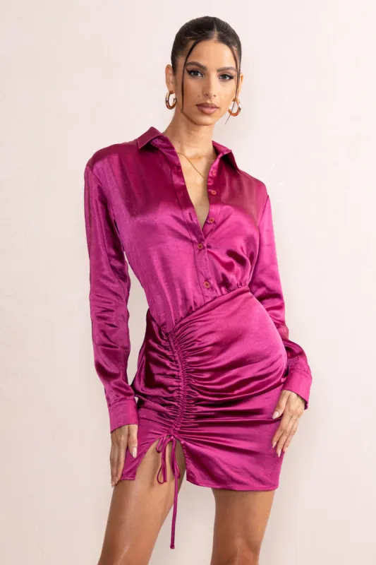 Francine | Orchid Satin Ruched Long Sleeve Shirt Mini Dress sold by Club L London