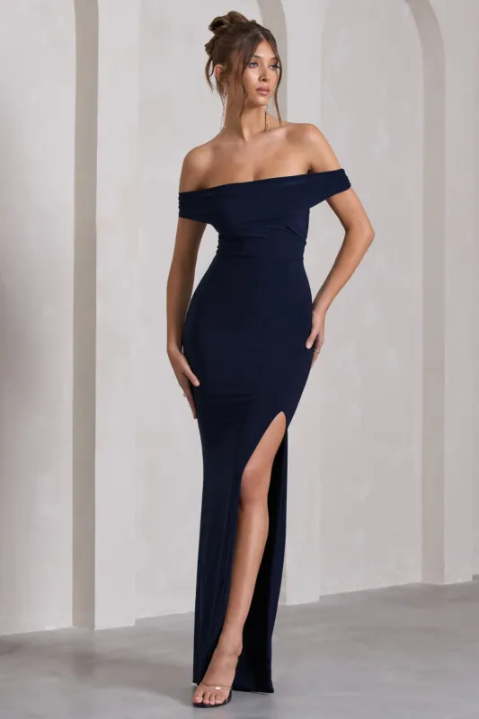 Law of Attraction | Navy Bardot Draped Split Maxi Dress sold by Club L London