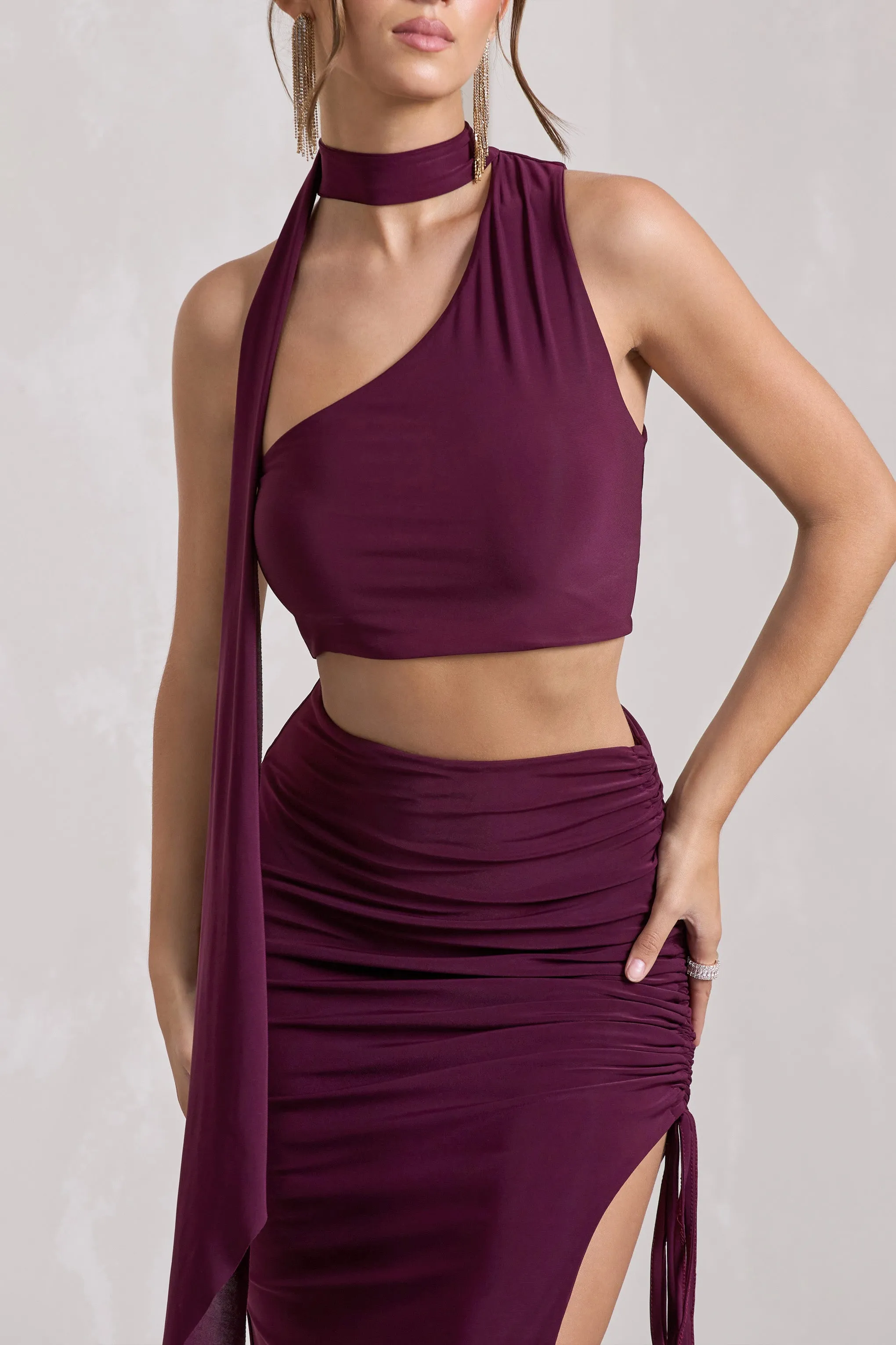 North Wind | Plum One-Shoulder Crop Top With Scarf sold by Club L London product image thumbnail 2
