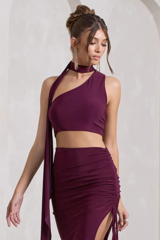 North Wind | Plum One-Shoulder Crop Top With Scarf made by Club L London