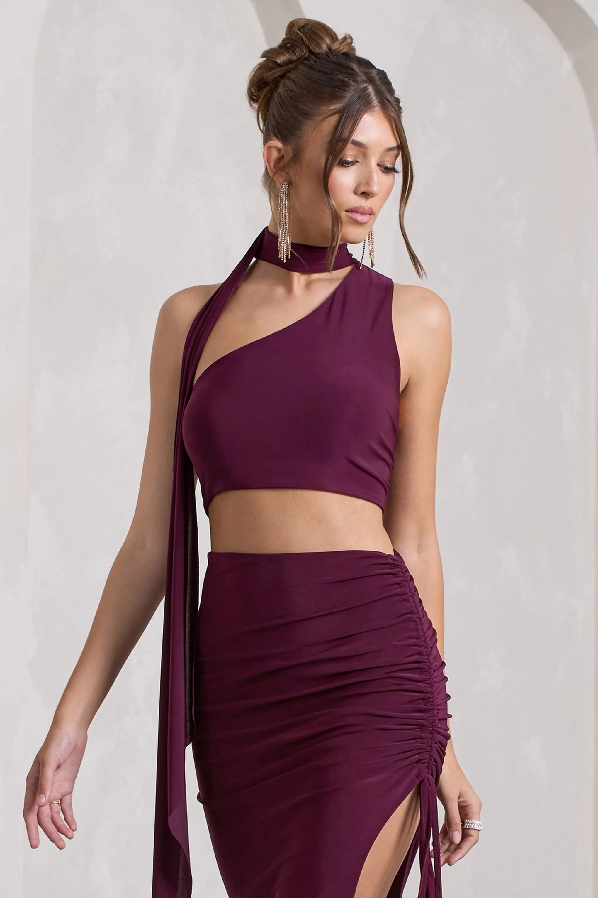 North Wind | Plum One-Shoulder Crop Top With Scarf sold by Club L London