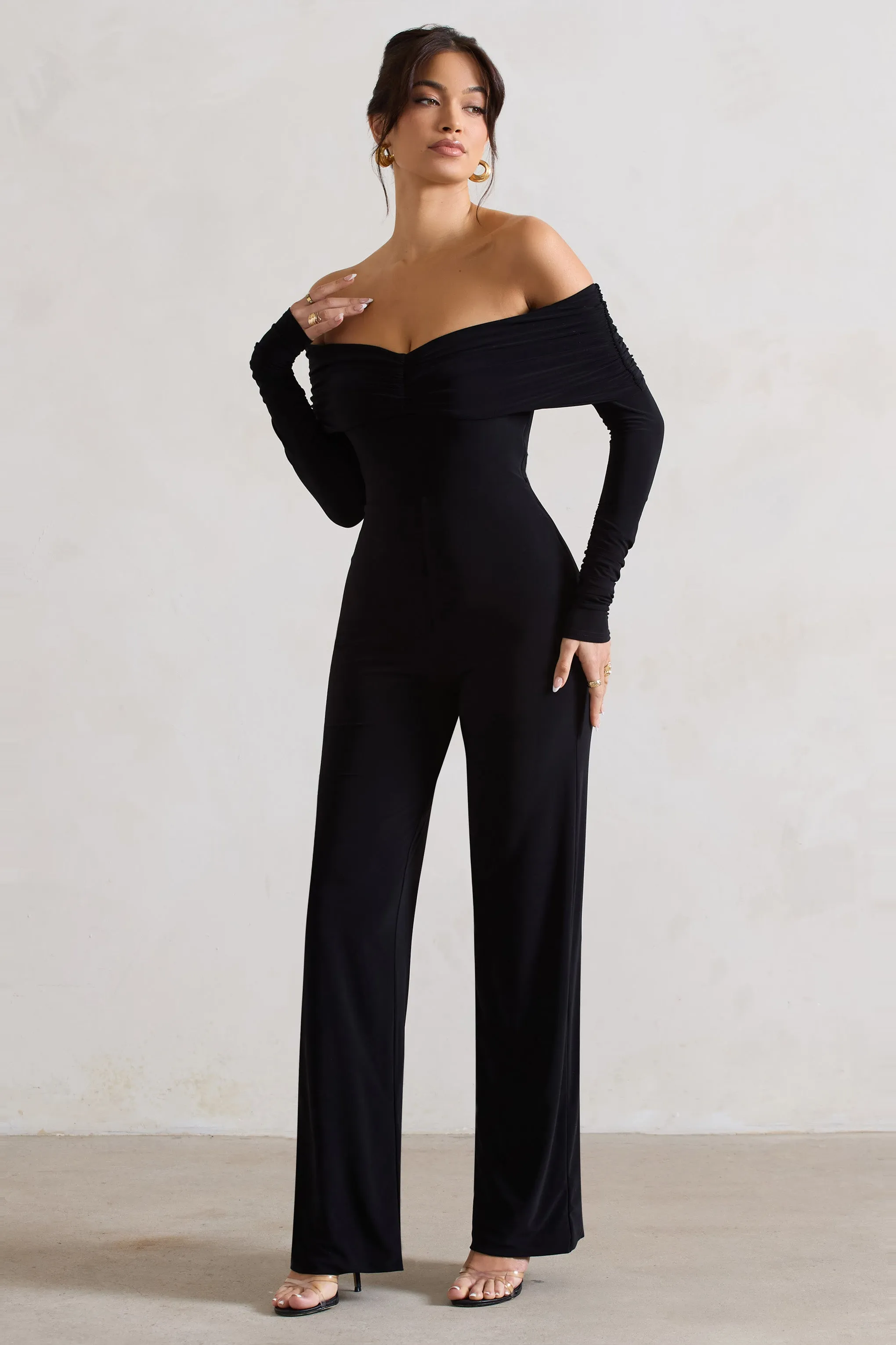 Jules | Black Bardot Long-Sleeve Straight-Leg Jumpsuit sold by Club L London product image thumbnail 5