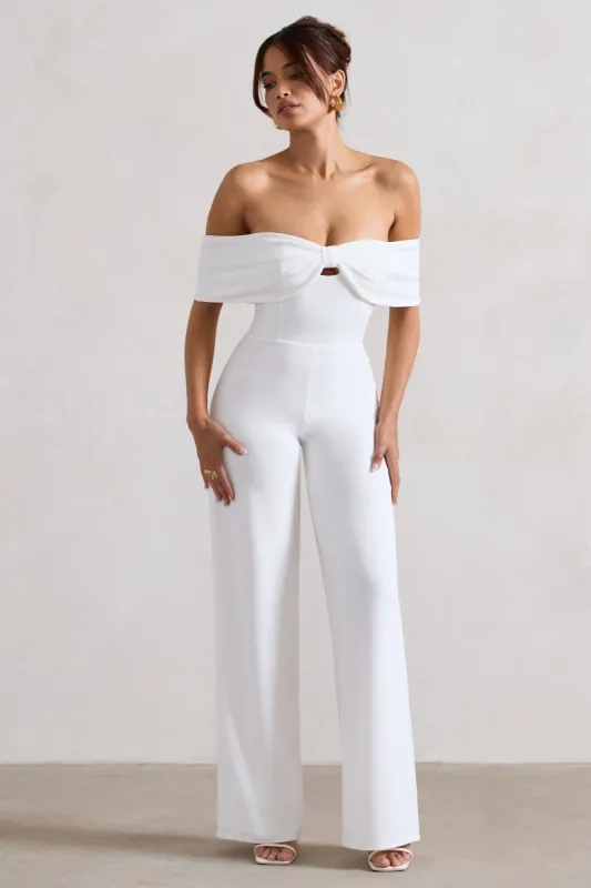 Harleen | White Bow Bardot Wide-Leg Jumpsuit sold by Club L London