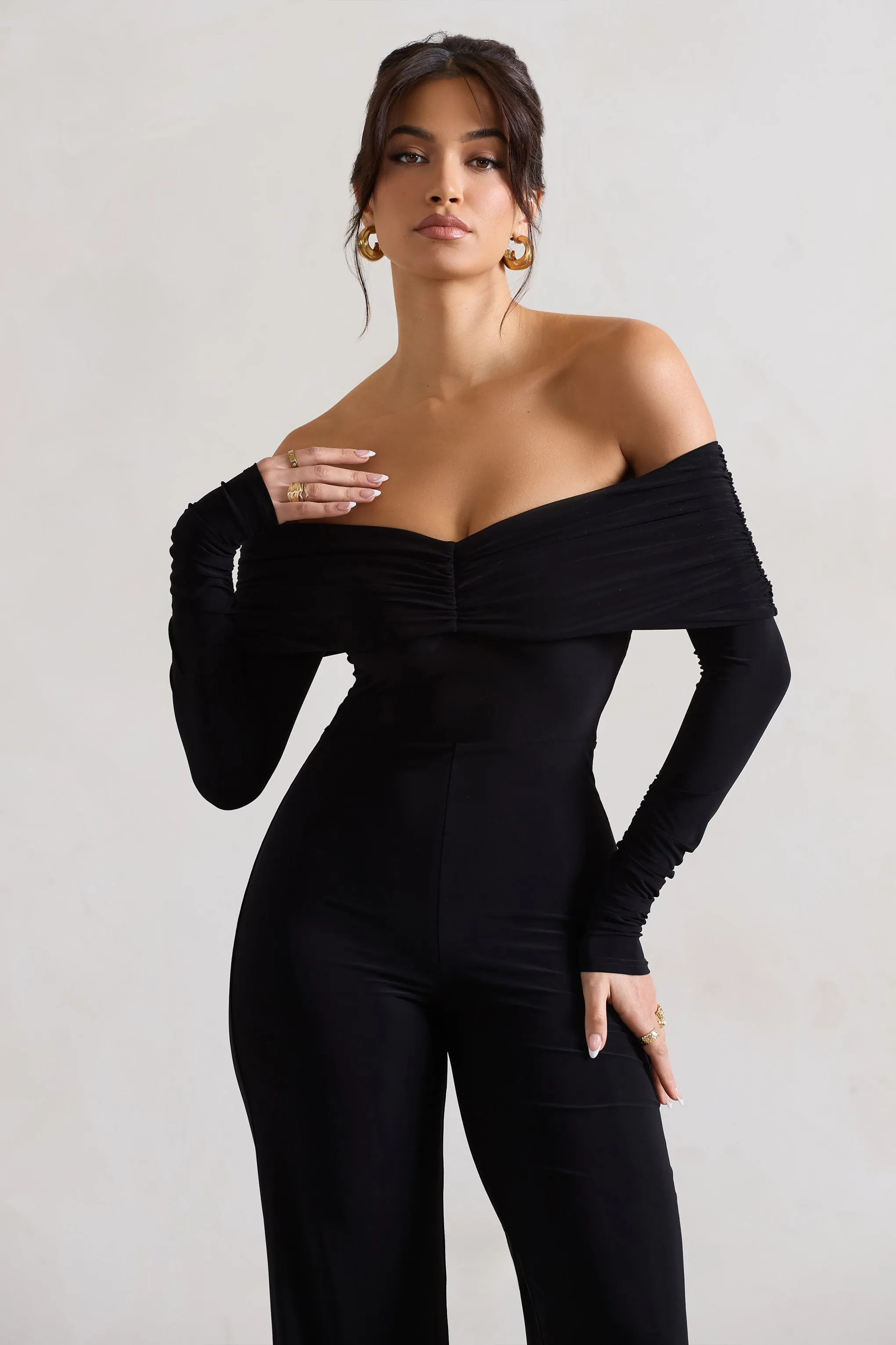 Jules | Black Bardot Long-Sleeve Straight-Leg Jumpsuit sold by Club L London product image thumbnail 3