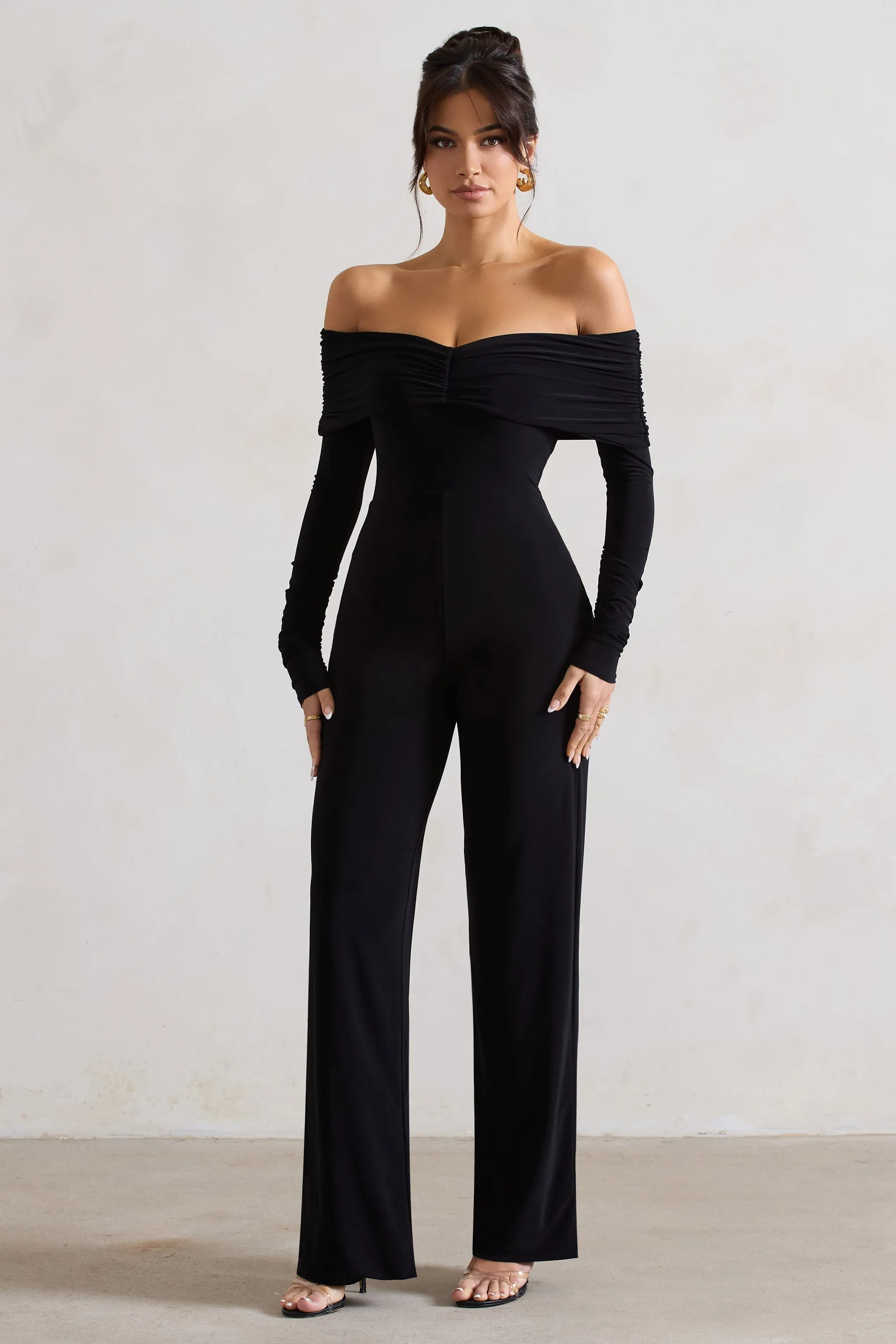 Jules | Black Bardot Long-Sleeve Straight-Leg Jumpsuit sold by Club L London