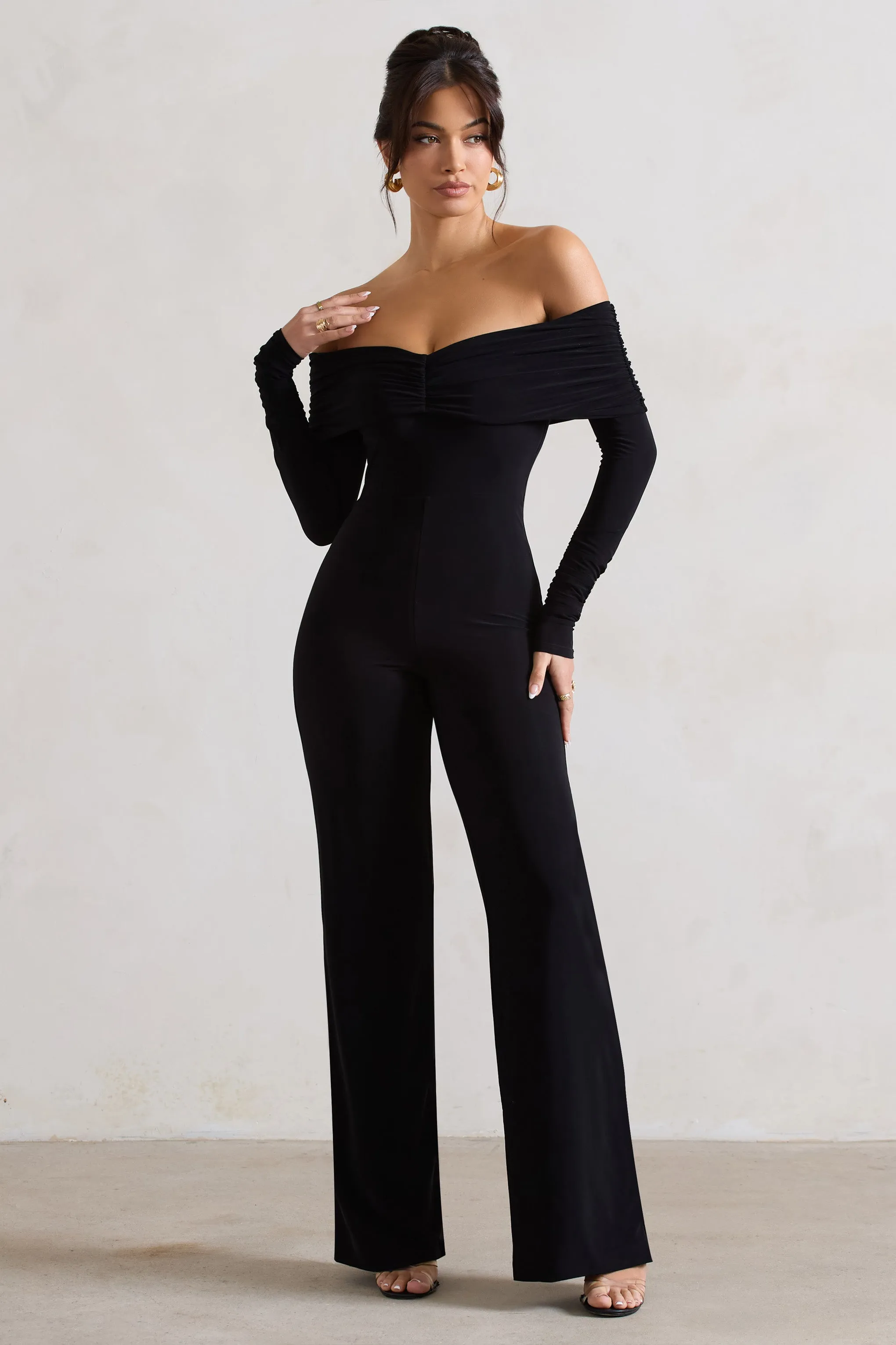 Jules | Black Bardot Long-Sleeve Straight-Leg Jumpsuit sold by Club L London product image thumbnail 4