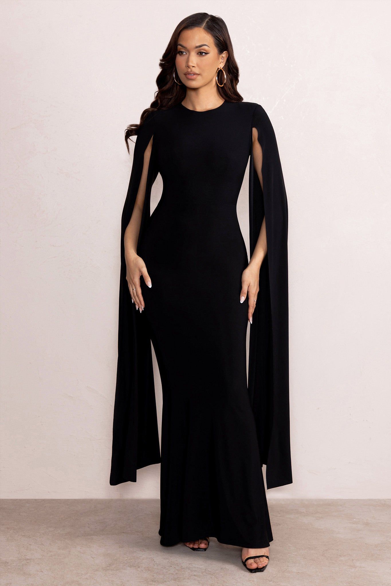 Kimmy | Black High Neck Maxi Dress with Cape Sleeves sold by Club L London
