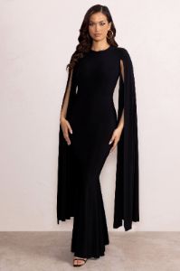 Kimmy | Black High Neck Maxi Dress with Cape Sleeves sold by Club L London