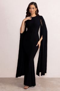 Kimmy | Black High Neck Maxi Dress with Cape Sleeves sold by Club L London