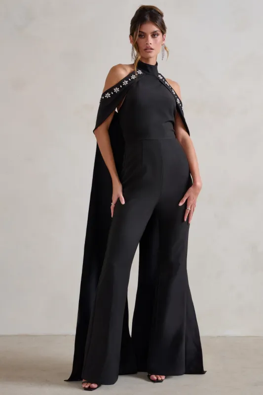 Angel | Black High Neck Jumpsuit with Cold Shoulder Cape Sleeves sold by Club L London