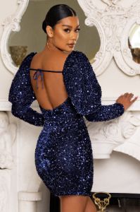 Shine Bright | Navy Sequin Mini Dress With Puff Sleeves sold by Club L London