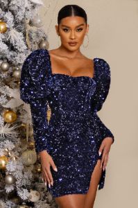Shine Bright | Navy Sequin Mini Dress With Puff Sleeves sold by Club L London