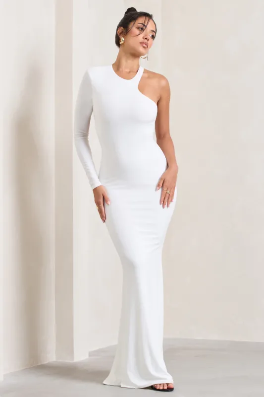 Tyra | White Asymmetric Neck Cut Out Maxi Dress With Open Back Detail sold by Club L London