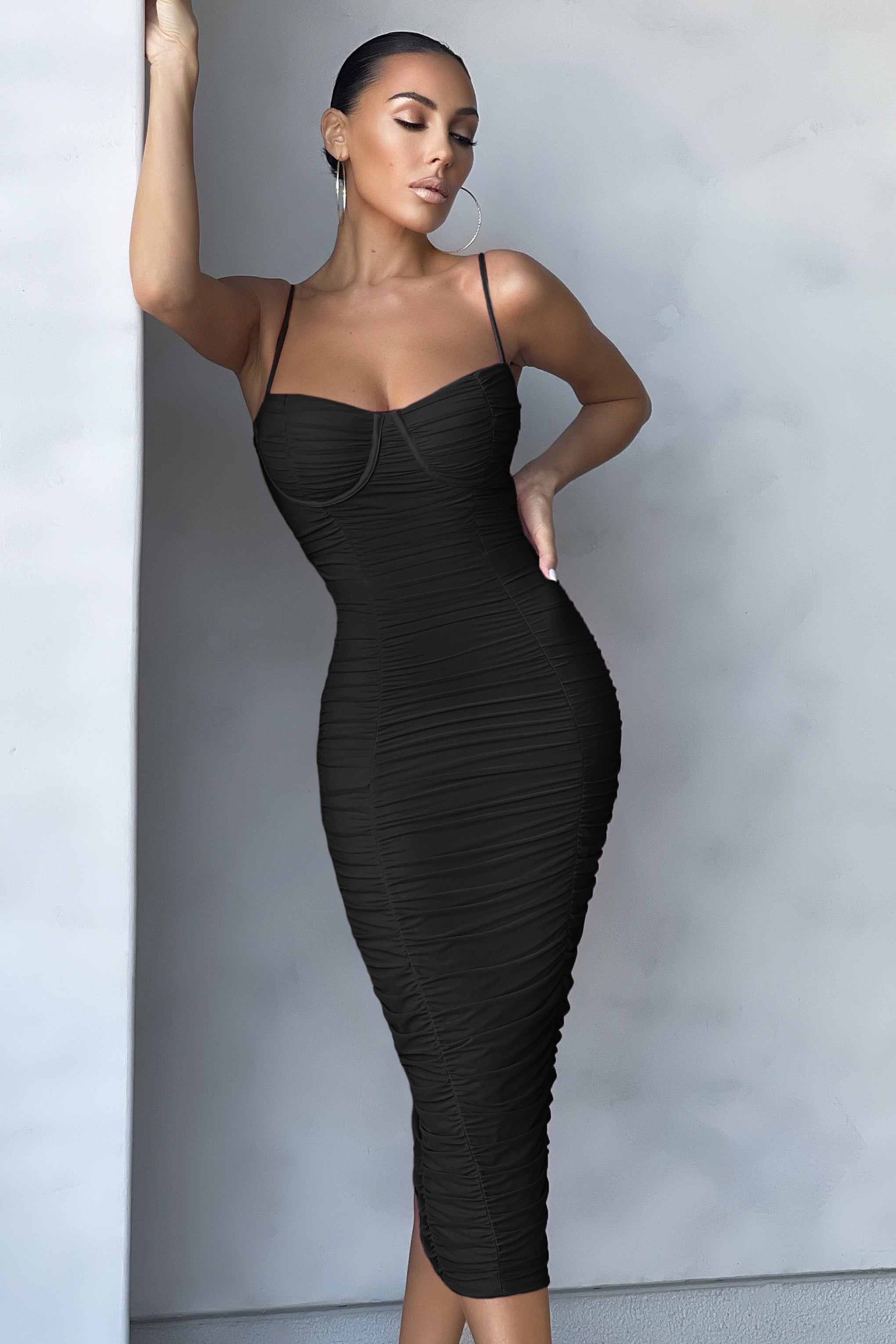 Love Tapes | Black Corset Mesh Midi Dress sold by Club L London