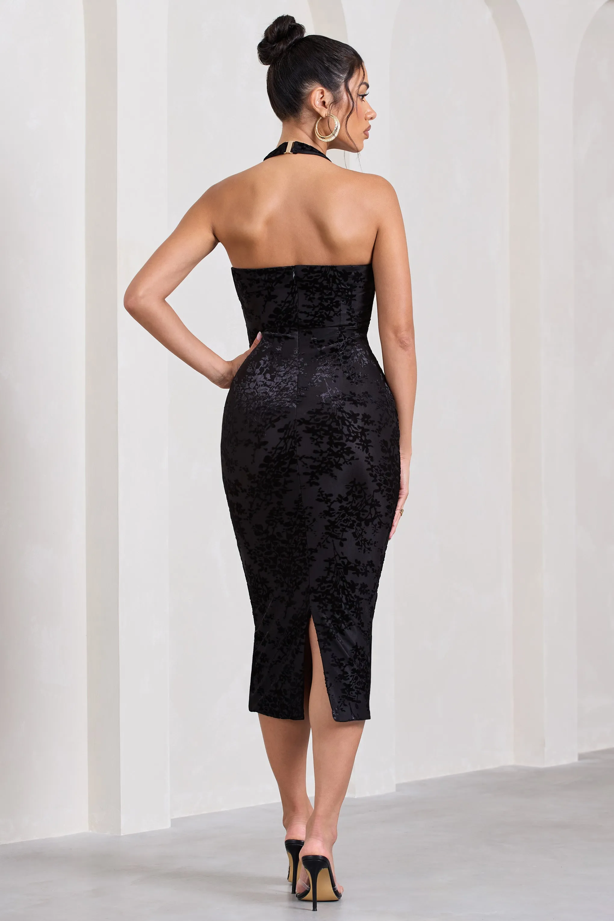 Amelia | Black Velvet Floral Halter-Neck Midi Dress sold by Club L London product image thumbnail 2