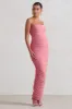 My Lady | Maternity Blush Pink Strapless Bodycon Ruched Mesh Maxi Dress sold by Club L London