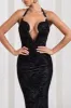 Amelia | Black Velvet Floral Halter-Neck Midi Dress sold by Club L London