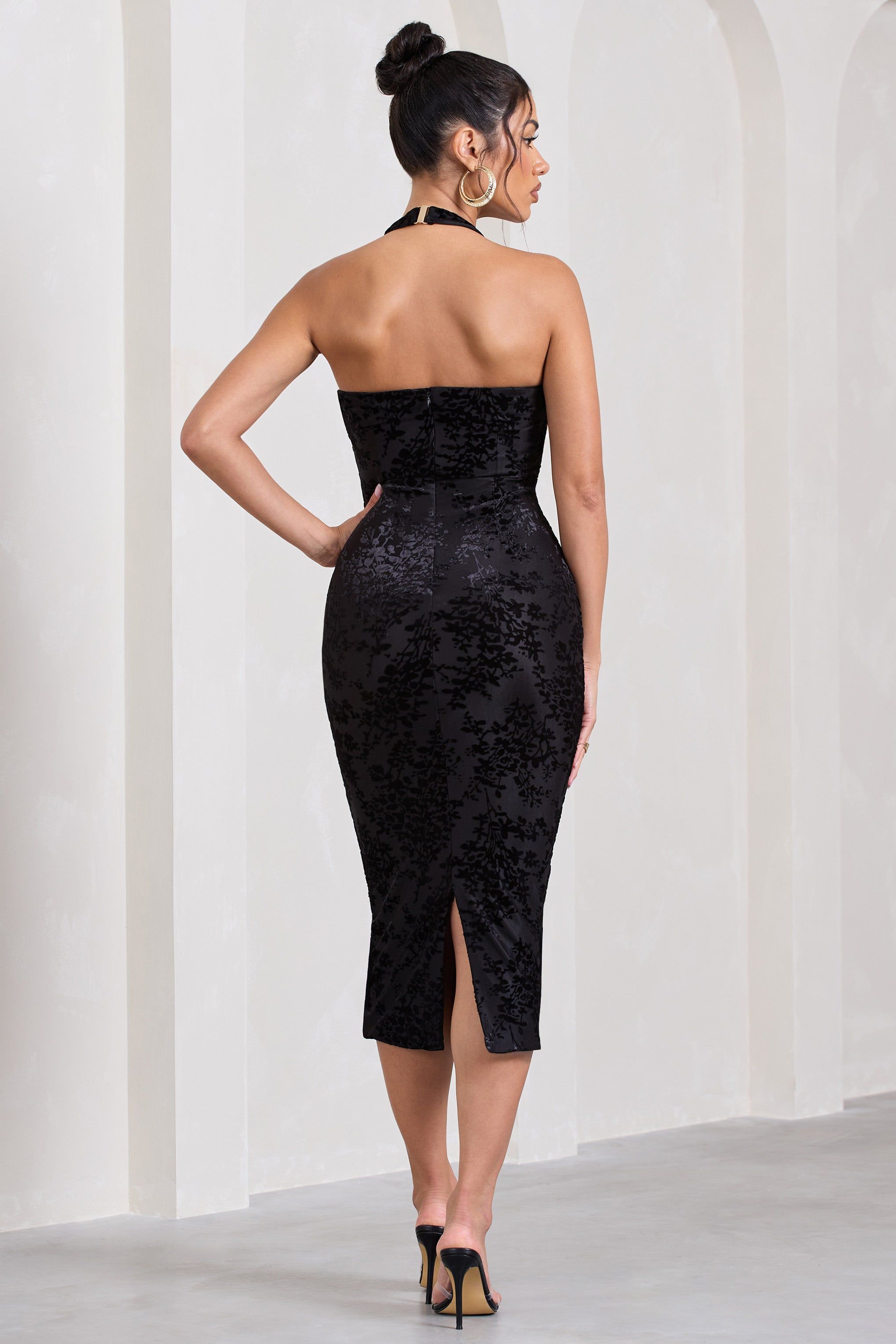 Amelia | Black Sheer Velvet Floral Halter-Neck Midi Dress sold by Club L London product image thumbnail 2