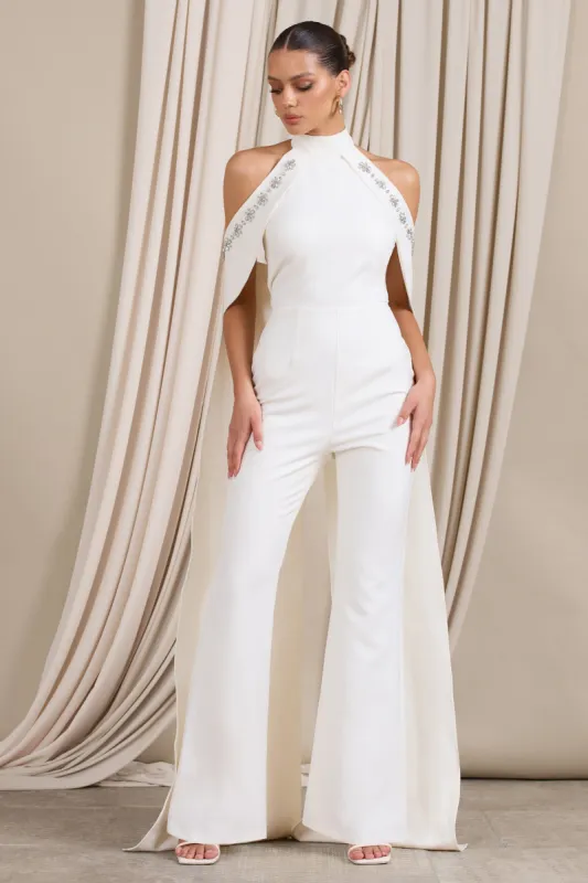 Angel | White High Neck Jumpsuit with Cold Shoulder Cape Sleeves sold by Club L London