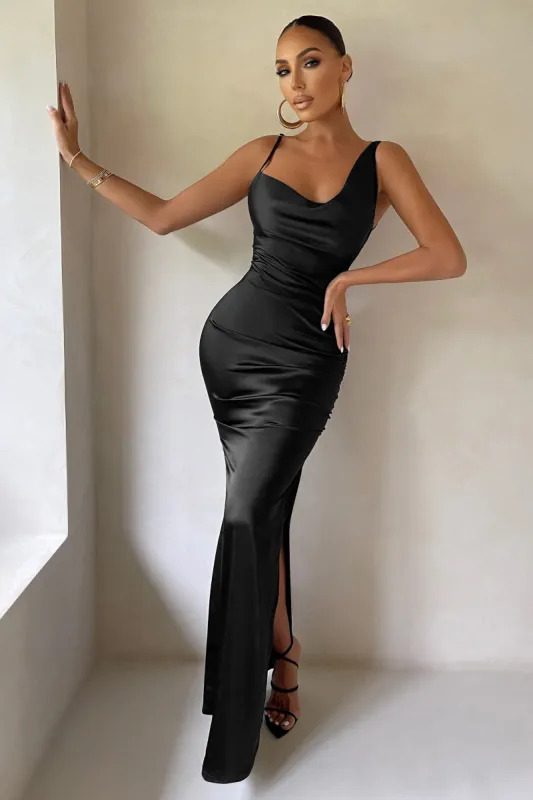 Belonging | Black Ruched Cowl Maxi Dress sold by Club L London