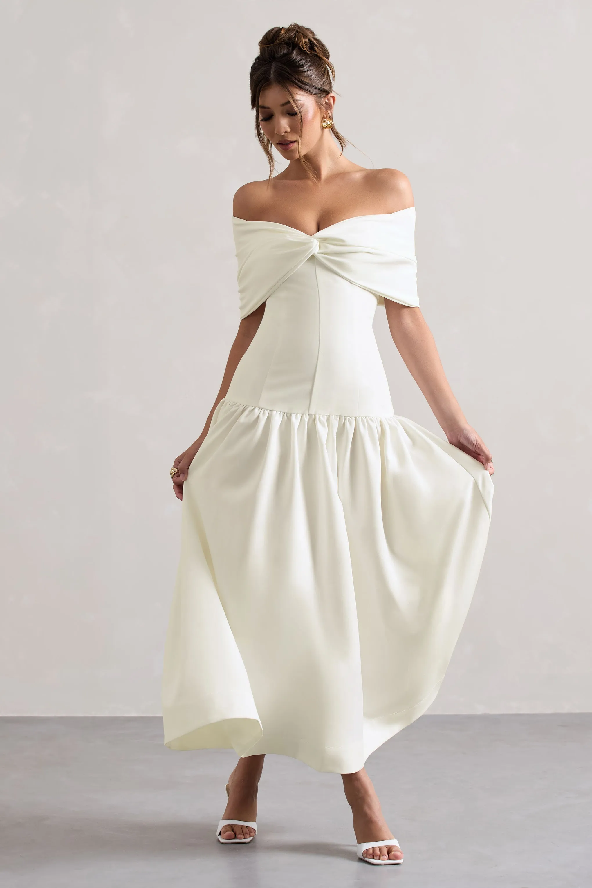 Marguerite | White Twisted Bardot Drop-Waist Maxi Dress sold by Club L London product image thumbnail 5