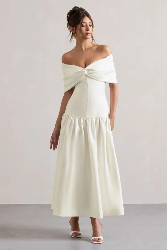 Marguerite | White Twisted Bardot Drop-Waist Maxi Dress sold by Club L London