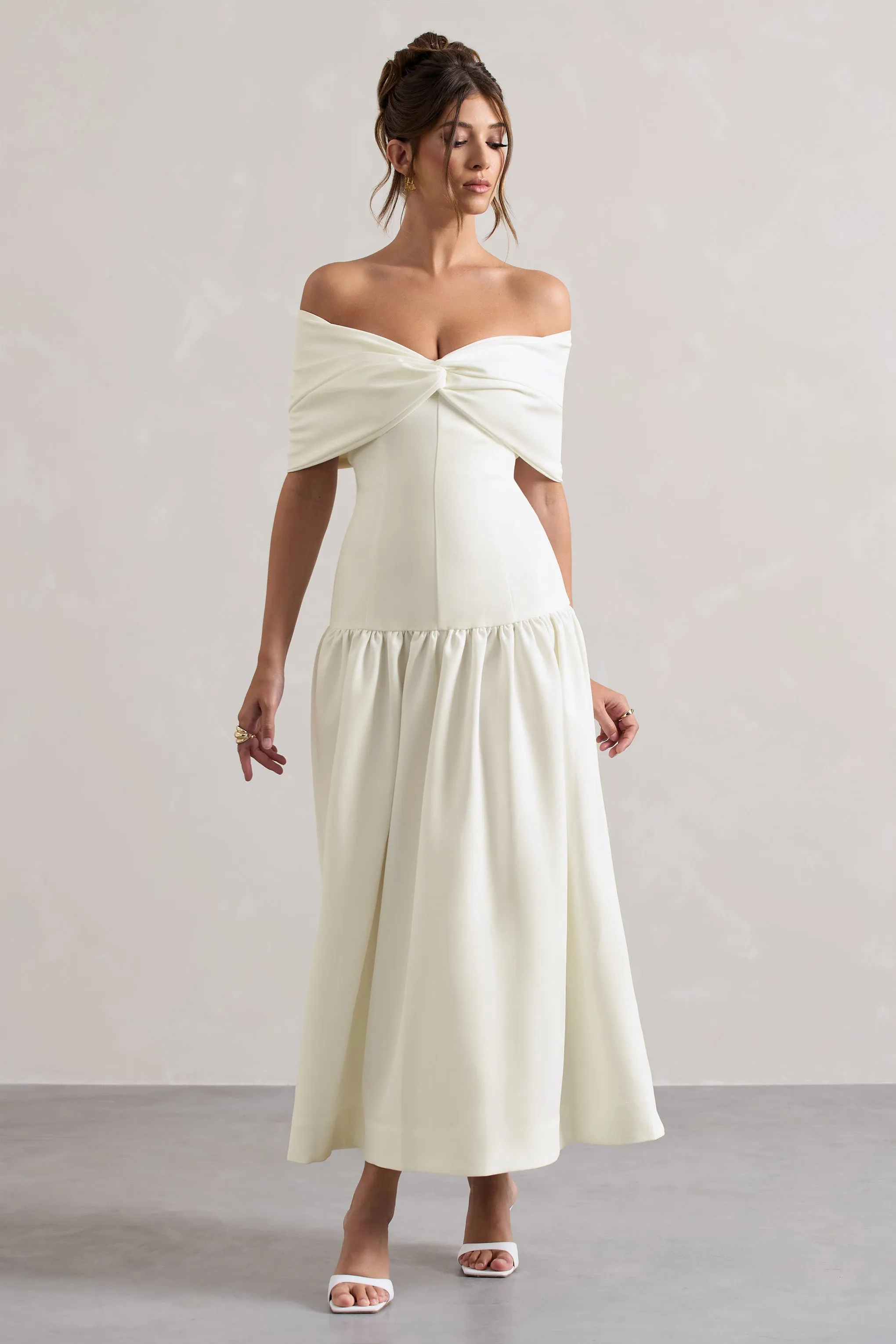 Marguerite | White Twisted Bardot Drop-Waist Maxi Dress sold by Club L London product image thumbnail 4