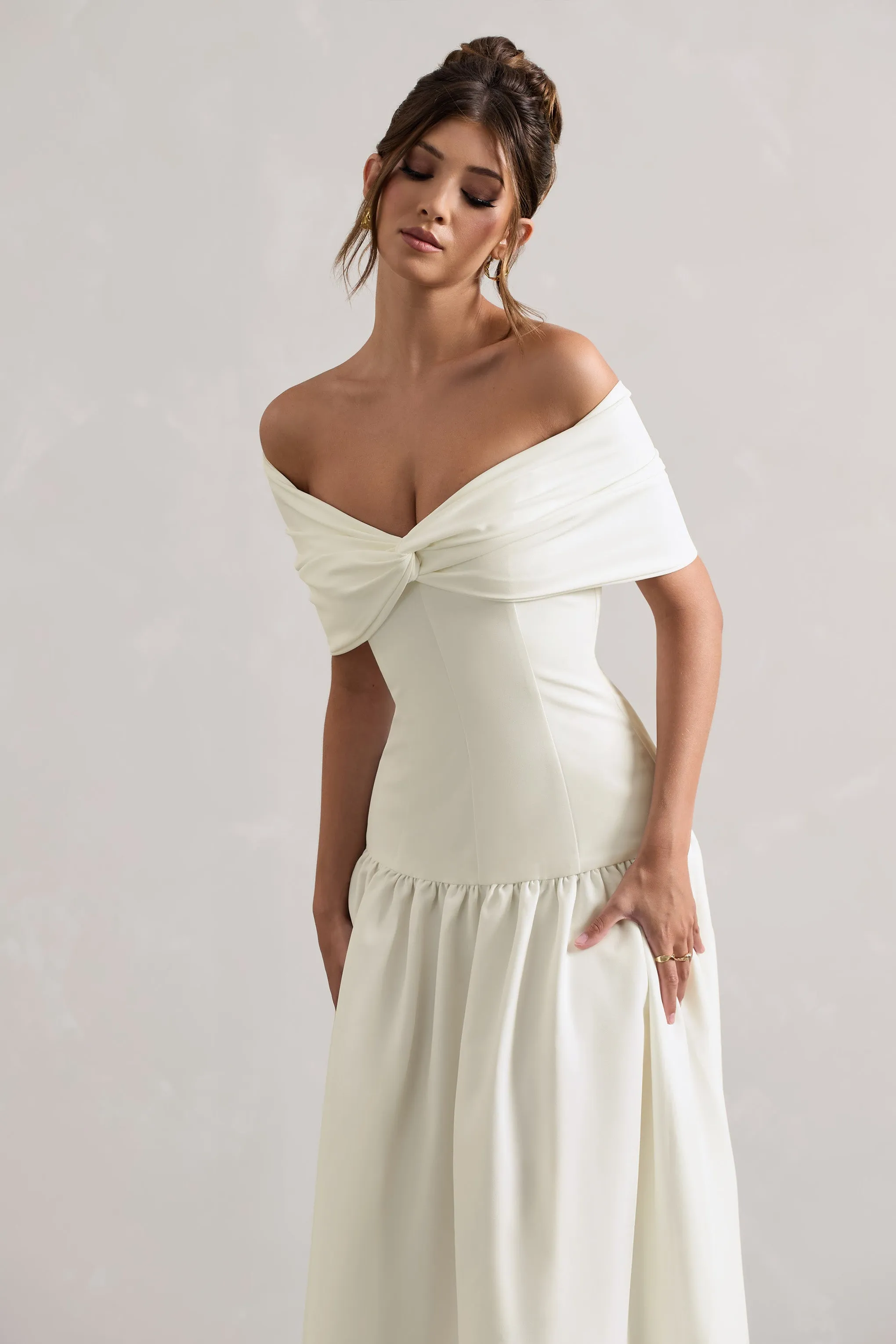 Marguerite | White Twisted Bardot Drop-Waist Maxi Dress sold by Club L London product image thumbnail 3