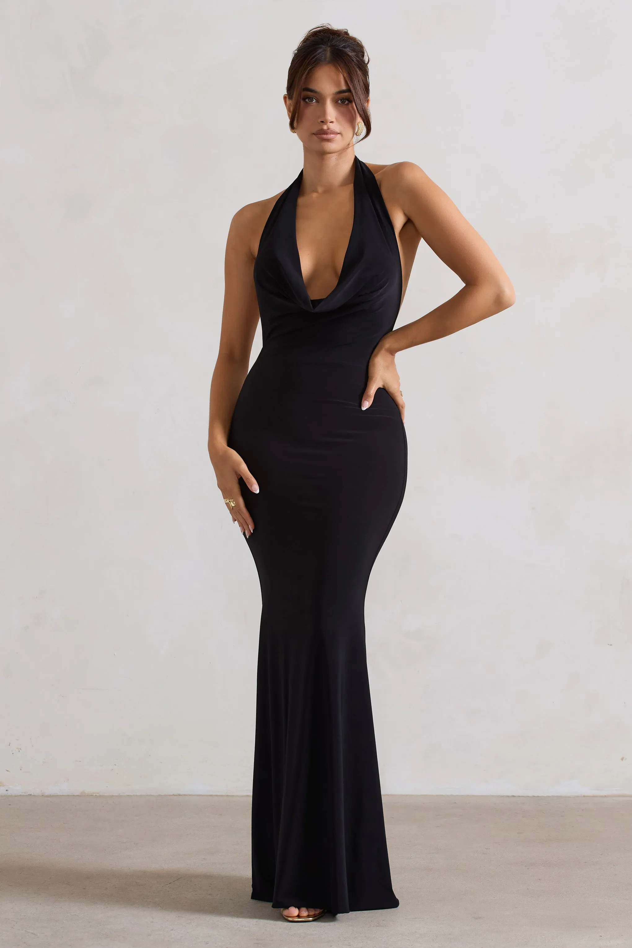 Milani | Black Backless Cowl Neck Fishtail Maxi Dress sold by Club L London