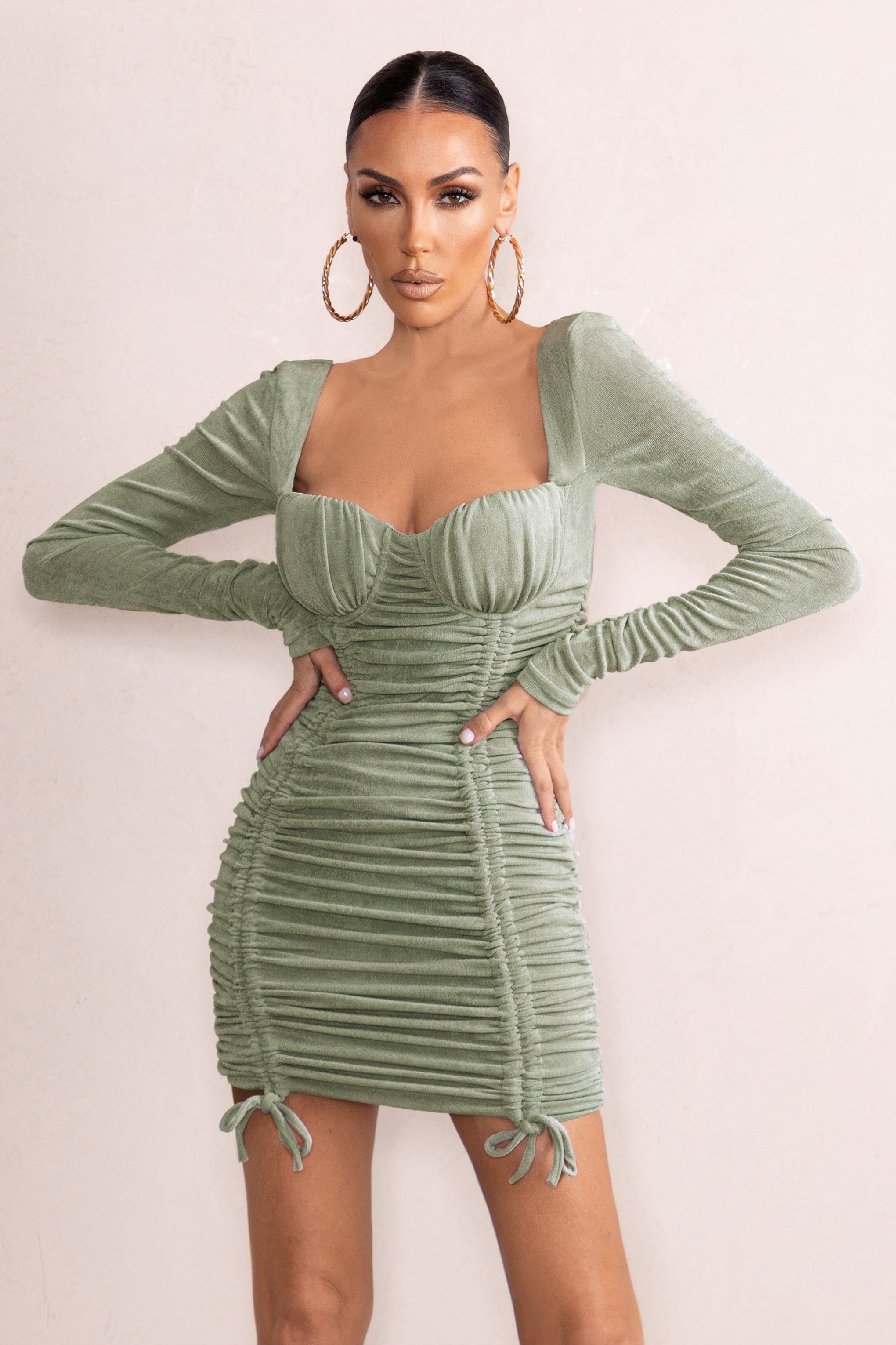 Long Shot | Sage Square Neck Ruched Mini Dress With Long Sleeves sold by Club L London product image thumbnail 4