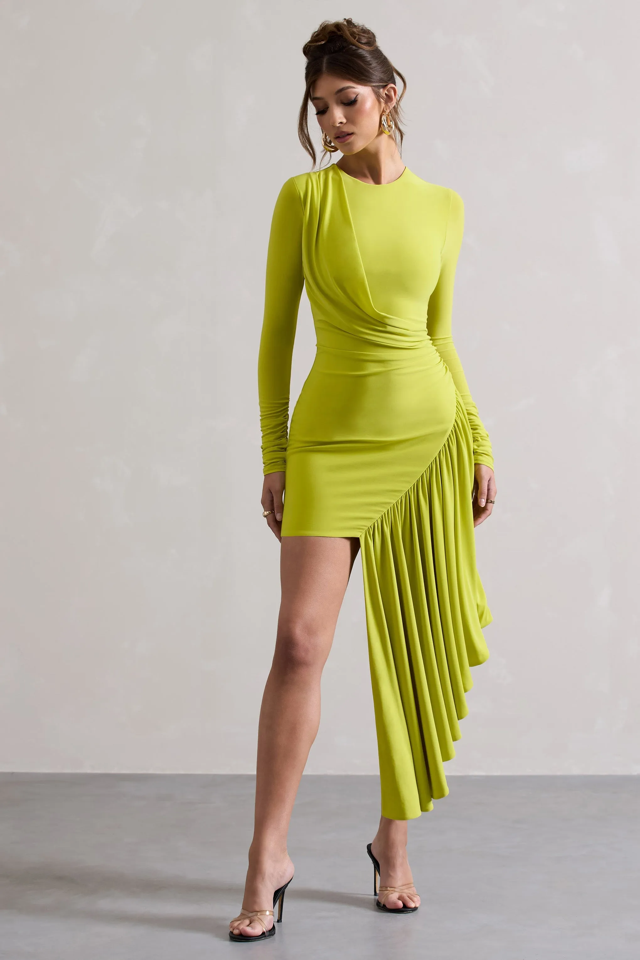 Tate | Lime Green Long-Sleeve Wrap Mini Dress With Drape sold by Club L London product image thumbnail 5