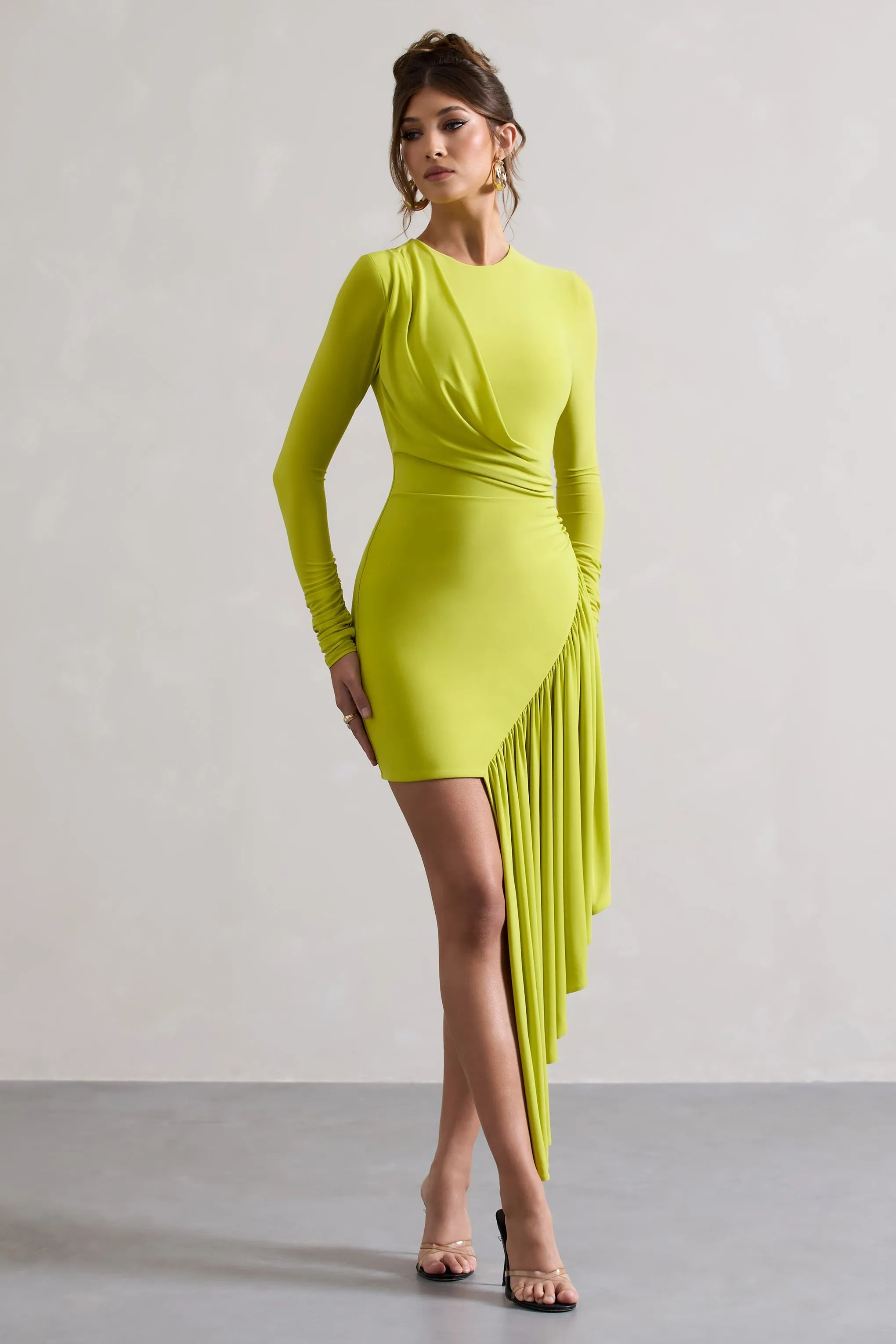 Tate | Lime Green Long-Sleeve Wrap Mini Dress With Drape sold by Club L London product image thumbnail 4