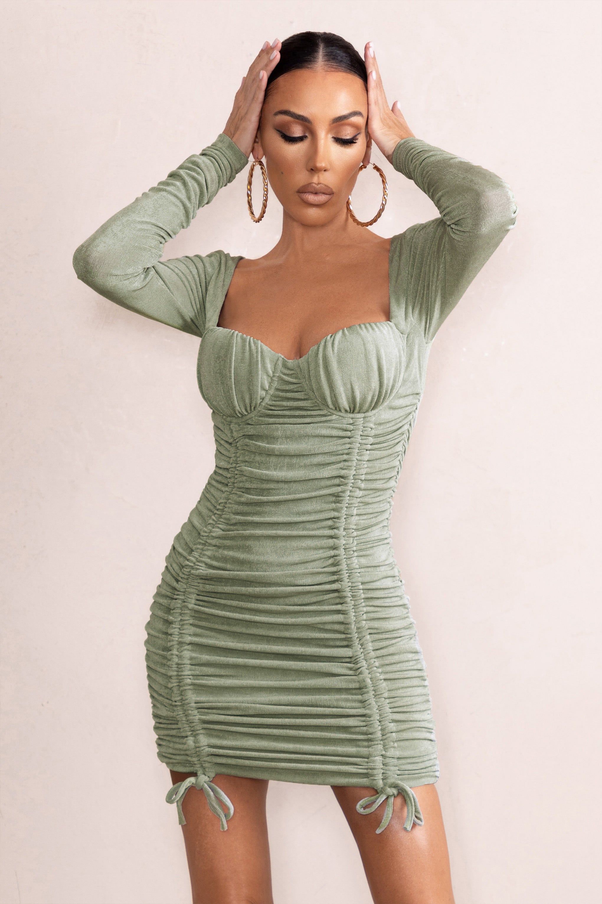 Long Shot | Sage Square Neck Ruched Mini Dress With Long Sleeves sold by Club L London product image thumbnail 5