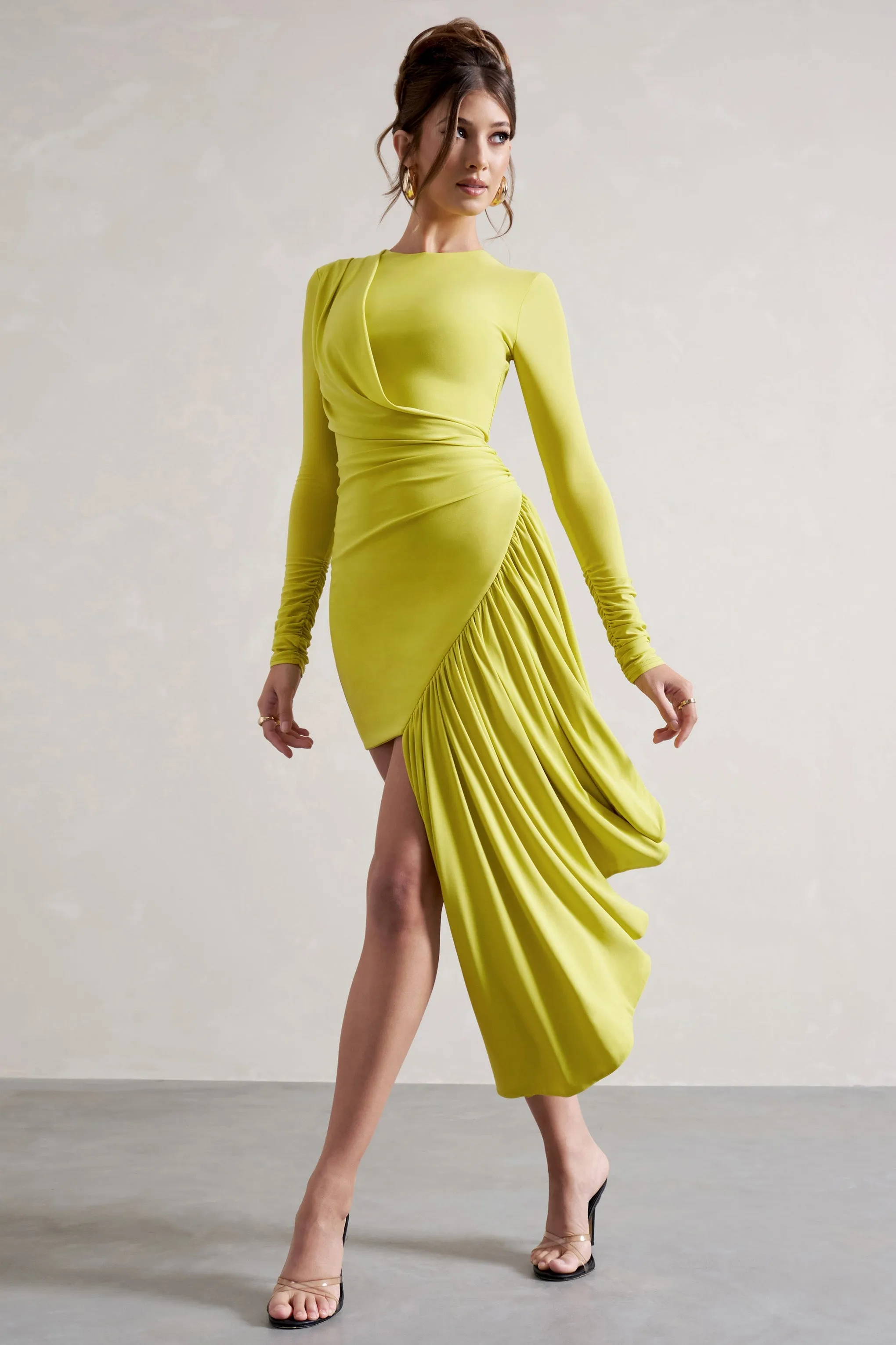 Tate | Lime Green Long-Sleeve Wrap Mini Dress With Drape sold by Club L London