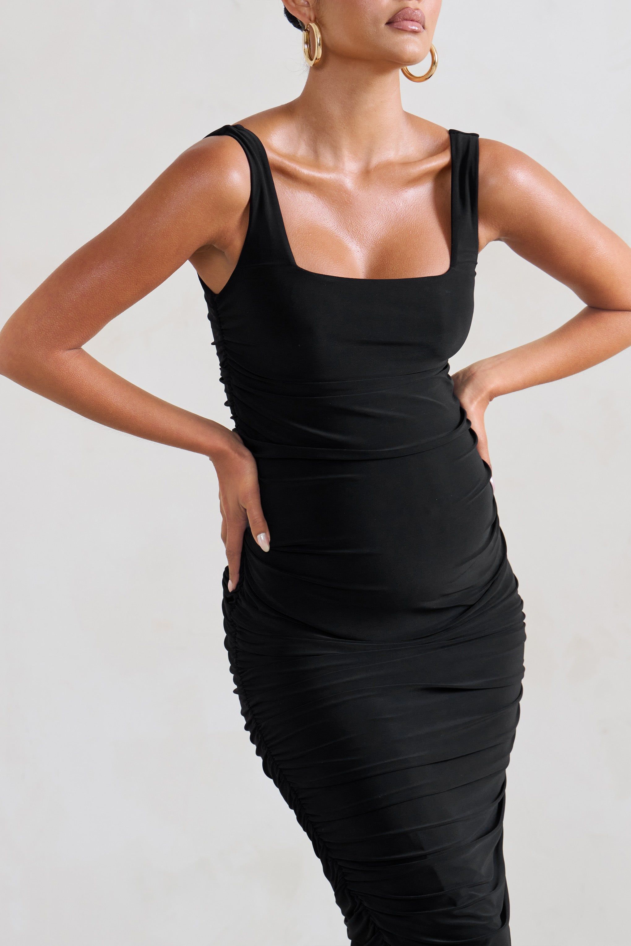 Lisbon | Black Maternity Square Neck Ruched Midi Dress sold by Club L London product image thumbnail 3