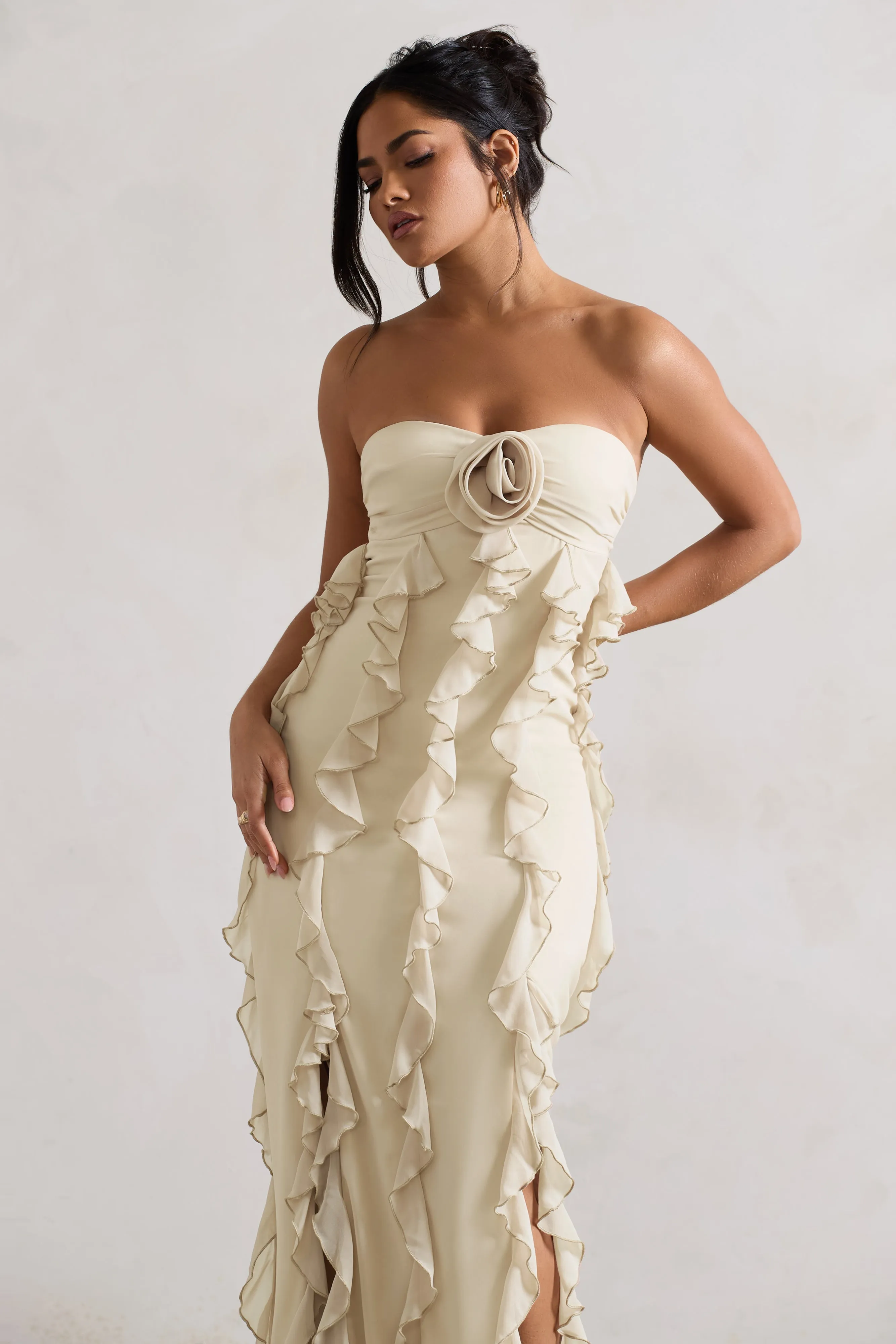 Gardenia | Champagne Strapless Ruffle Maxi Dress With Corsage sold by Club L London product image thumbnail 3