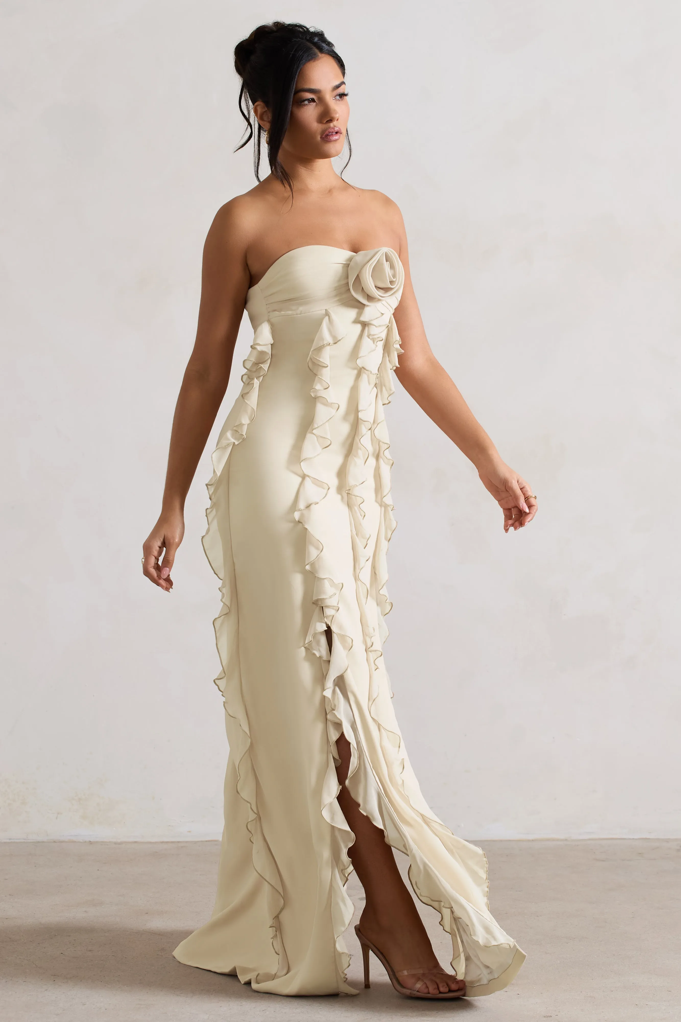 Gardenia | Champagne Strapless Ruffle Maxi Dress With Corsage sold by Club L London product image thumbnail 5