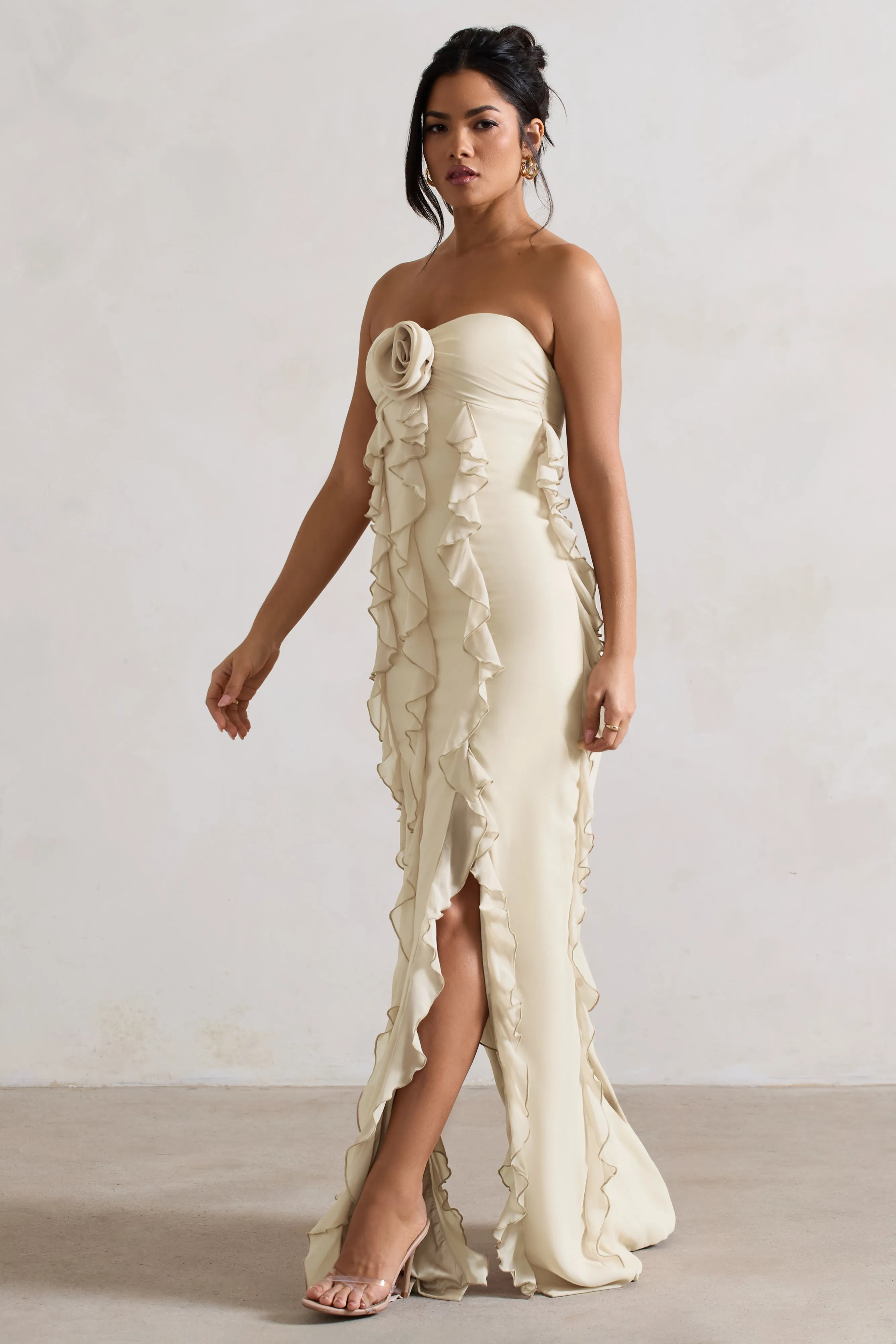 Gardenia | Champagne Strapless Ruffle Maxi Dress With Corsage sold by Club L London product image thumbnail 4