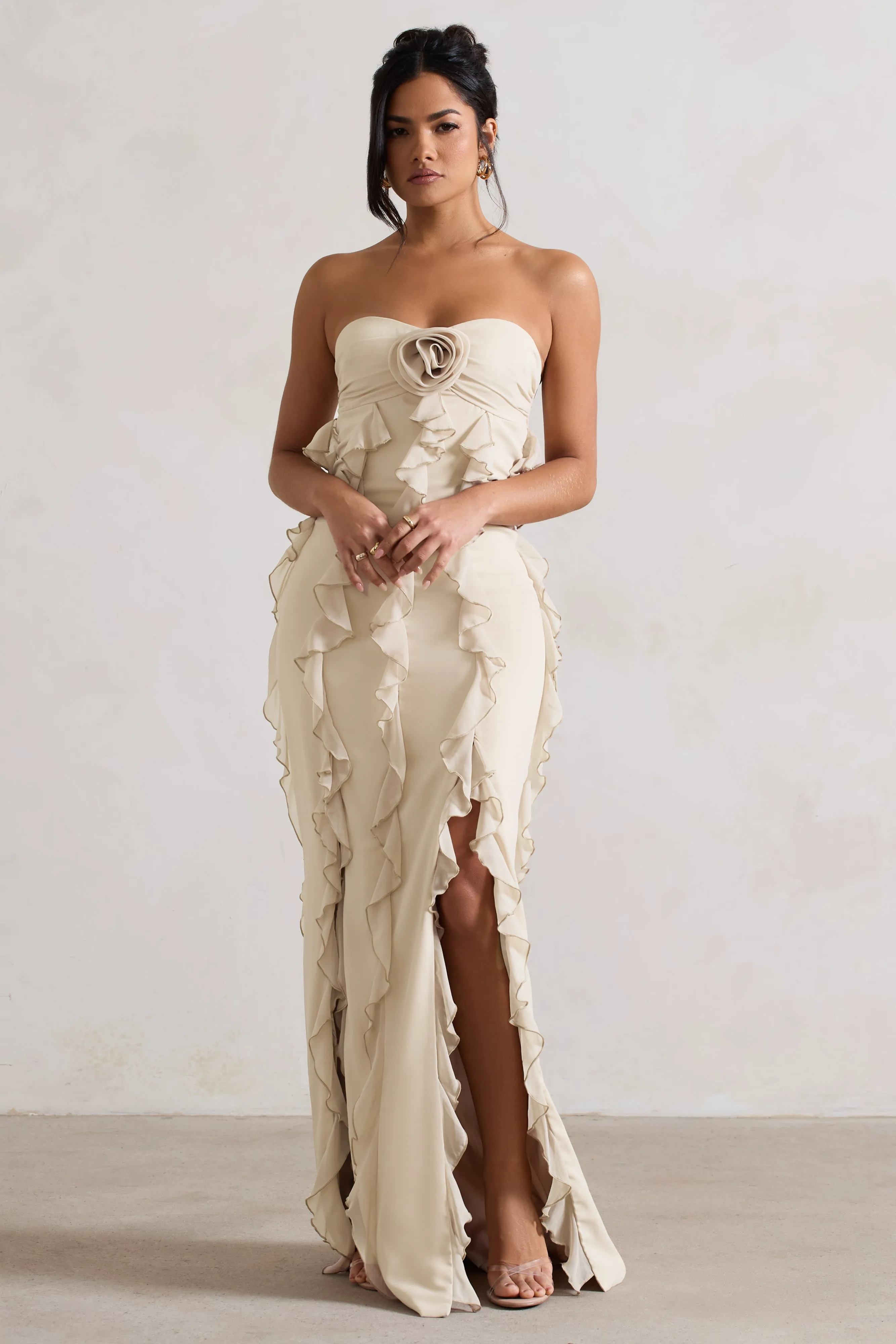 Gardenia | Champagne Strapless Ruffle Maxi Dress With Corsage sold by Club L London
