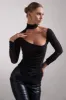 Nicole | Black Ruched Mesh Asymmetric Top With Long Sheer Sleeves sold by Club L London