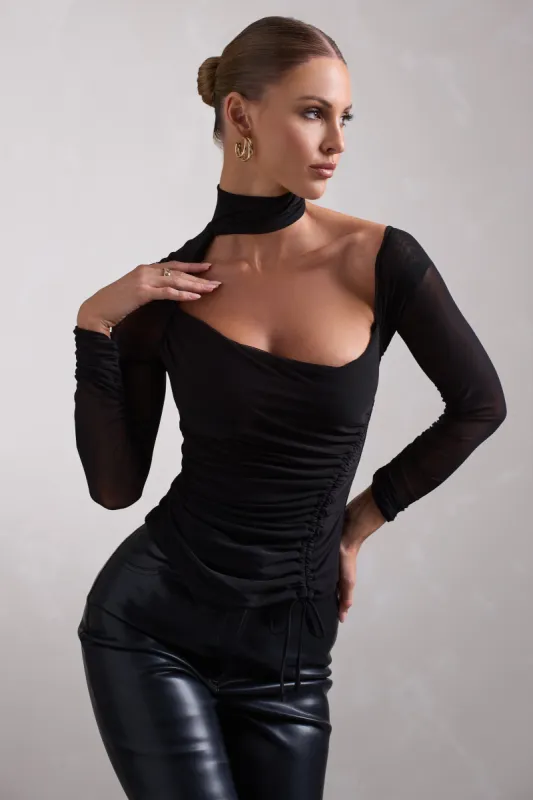 Nicole | Black Ruched Mesh Asymmetric Top With Long Sheer Sleeves sold by Club L London