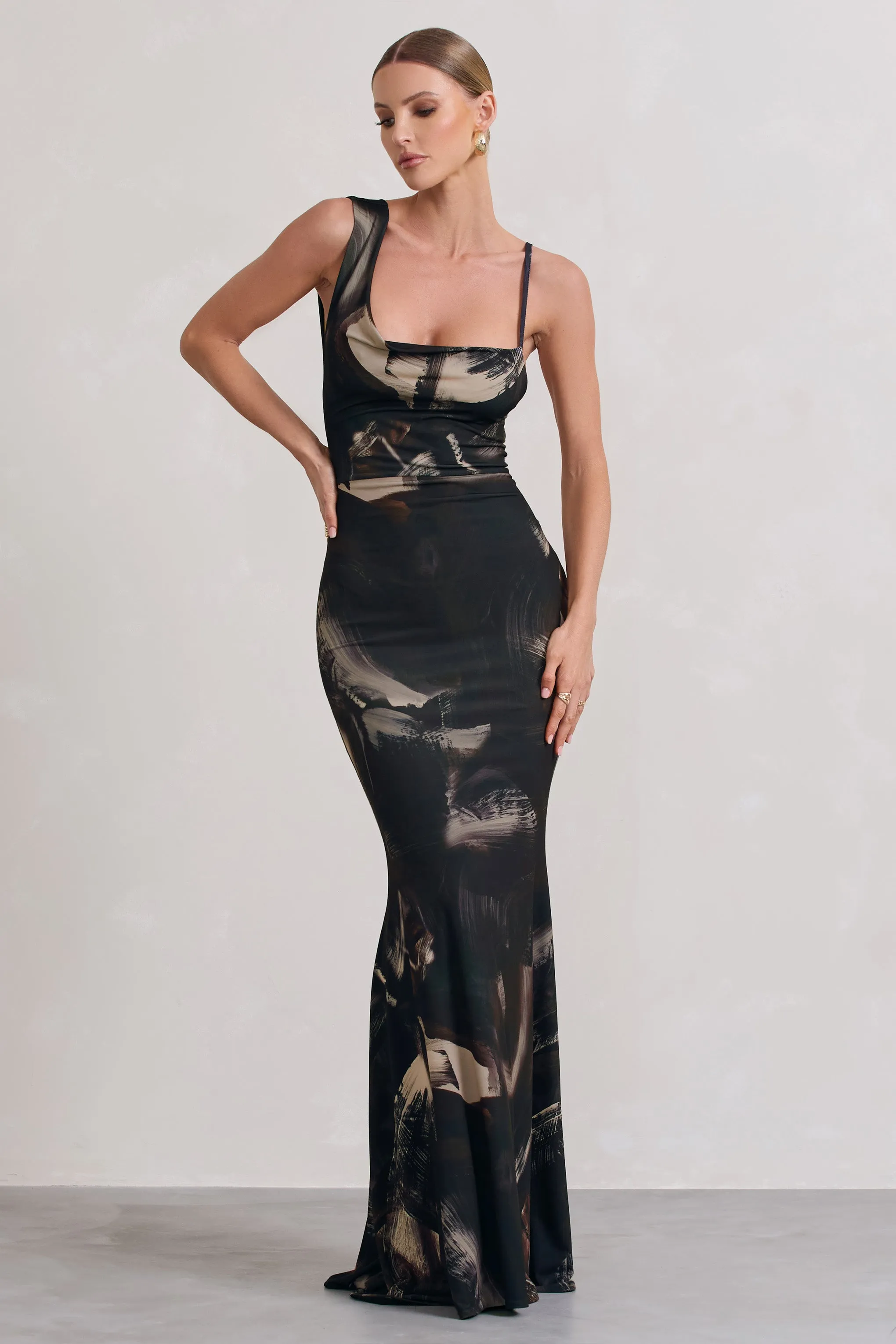 Phantasy | Dark Brown Print Asymmetric Neckline Cowl Maxi Dress sold by Club L London product image thumbnail 4