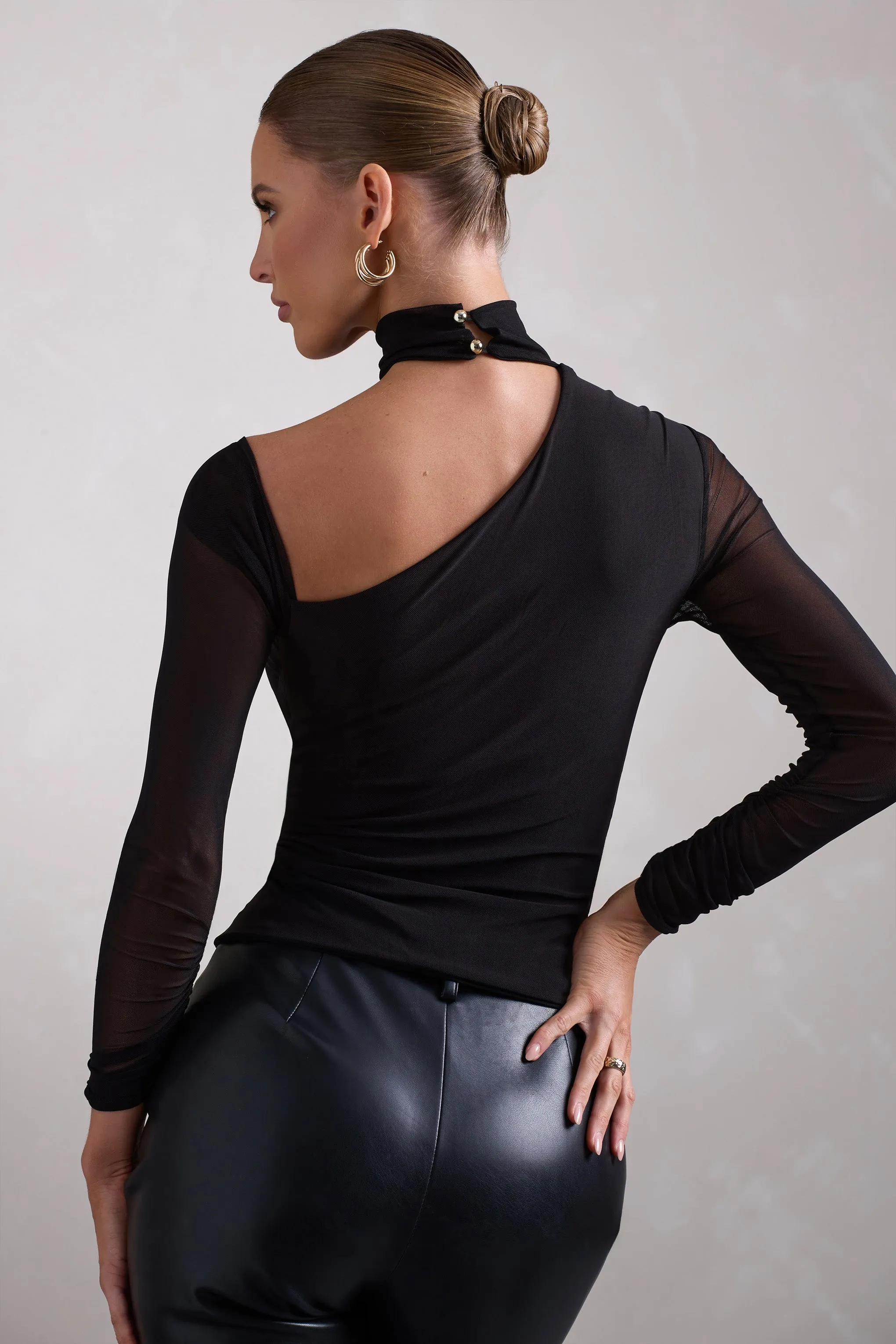 Nicole | Black Ruched Mesh Asymmetric Top With Long Sheer Sleeves sold by Club L London product image thumbnail 2