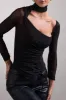 Nicole | Black Ruched Mesh Asymmetric Top With Long Sheer Sleeves sold by Club L London